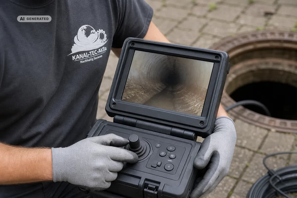 KI-generiertes Bild: Hände bedienen den Monitor der Kanalkamera mit Live-Bild aus dem Rohr