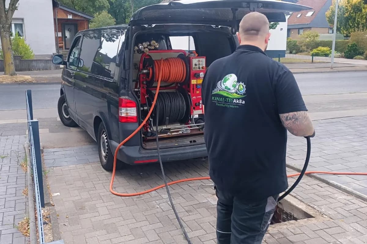 Techniker reinigt Kanal per Hochdruckspülung am Haus